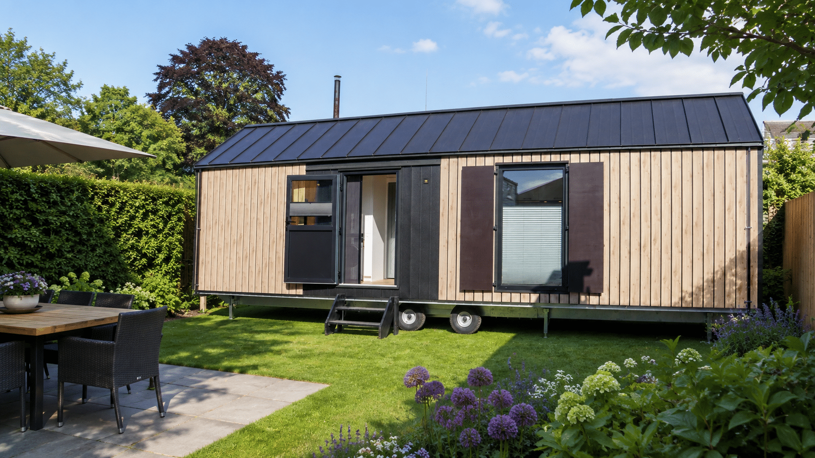 Tiny House Kalahara – luxe mobiel tiny house op wielen met moderne houten gevel, geschikt als recreatiewoning, verhuurobject of mantelzorgwoning.